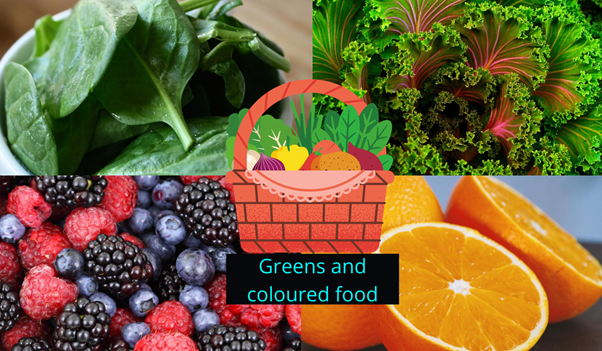 Greens and coloured food